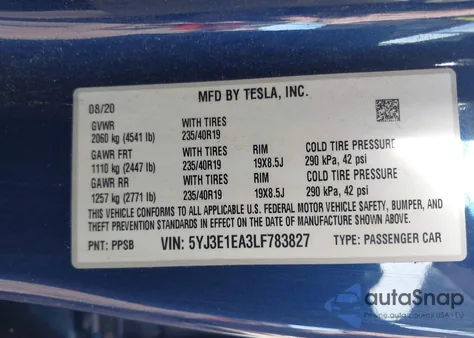 2020 Tesla Model 3 Standard Range Plus Rear-Wheel Drive/Standard Range Rear-Wheel Drive z USA, uszkodzony, nr VIN 5YJ3E1EA3LF783827